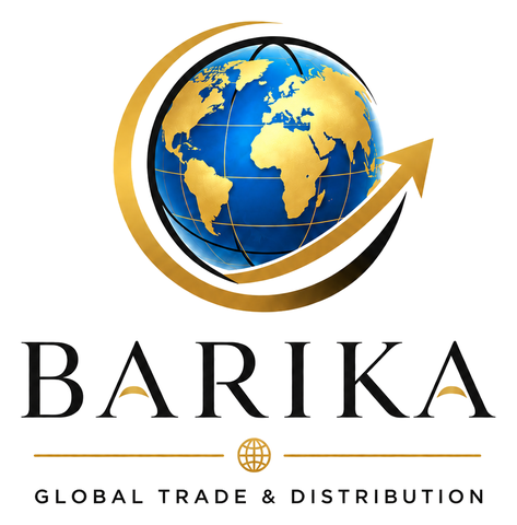 BARIKA Global Trade & Distribution logo: ocean-blue globe with gold continents