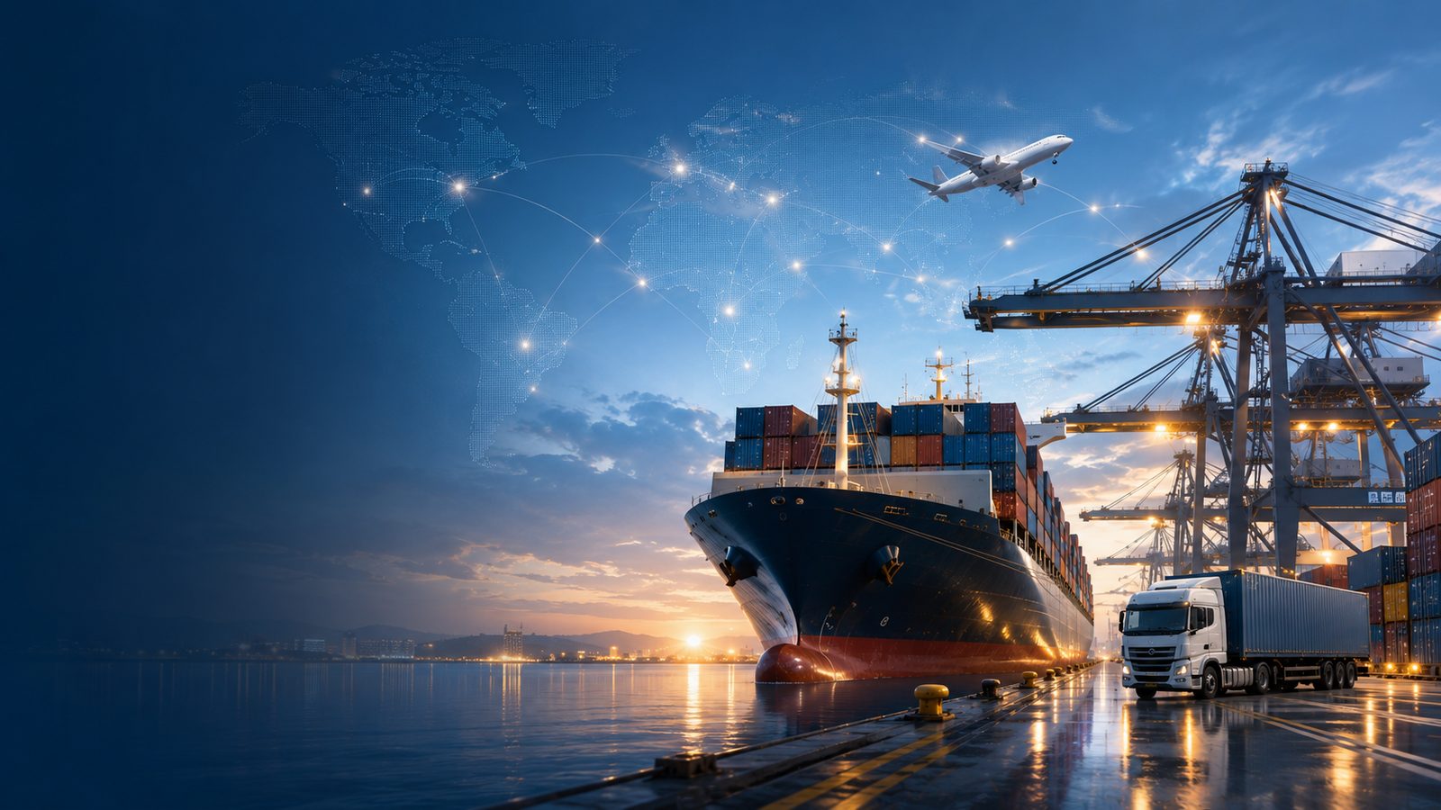 Structured, connected import operations: port, cargo ship, aircraft, and road transport.