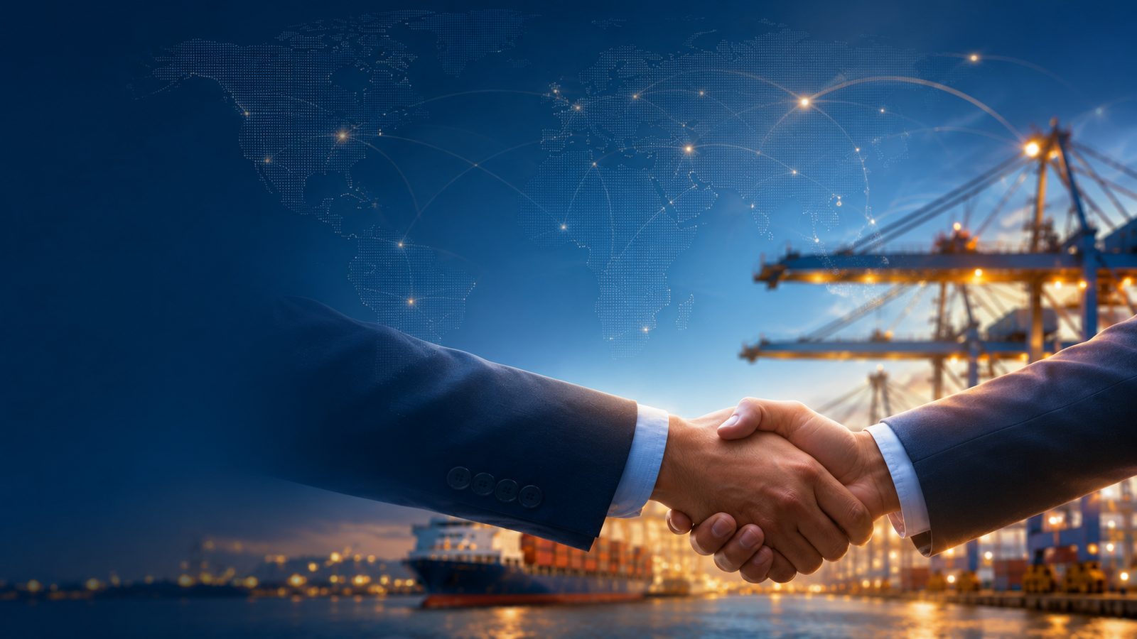 International collaboration and commercial agreement represented by a handshake.