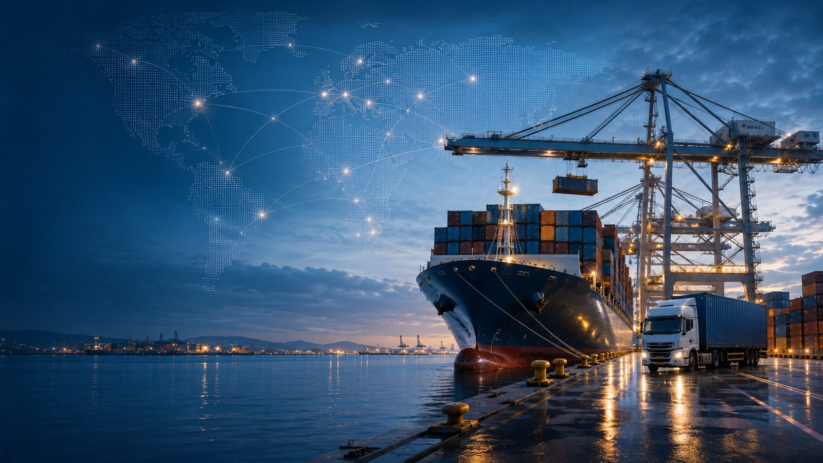 International import chain from a container ship to a European warehouse.